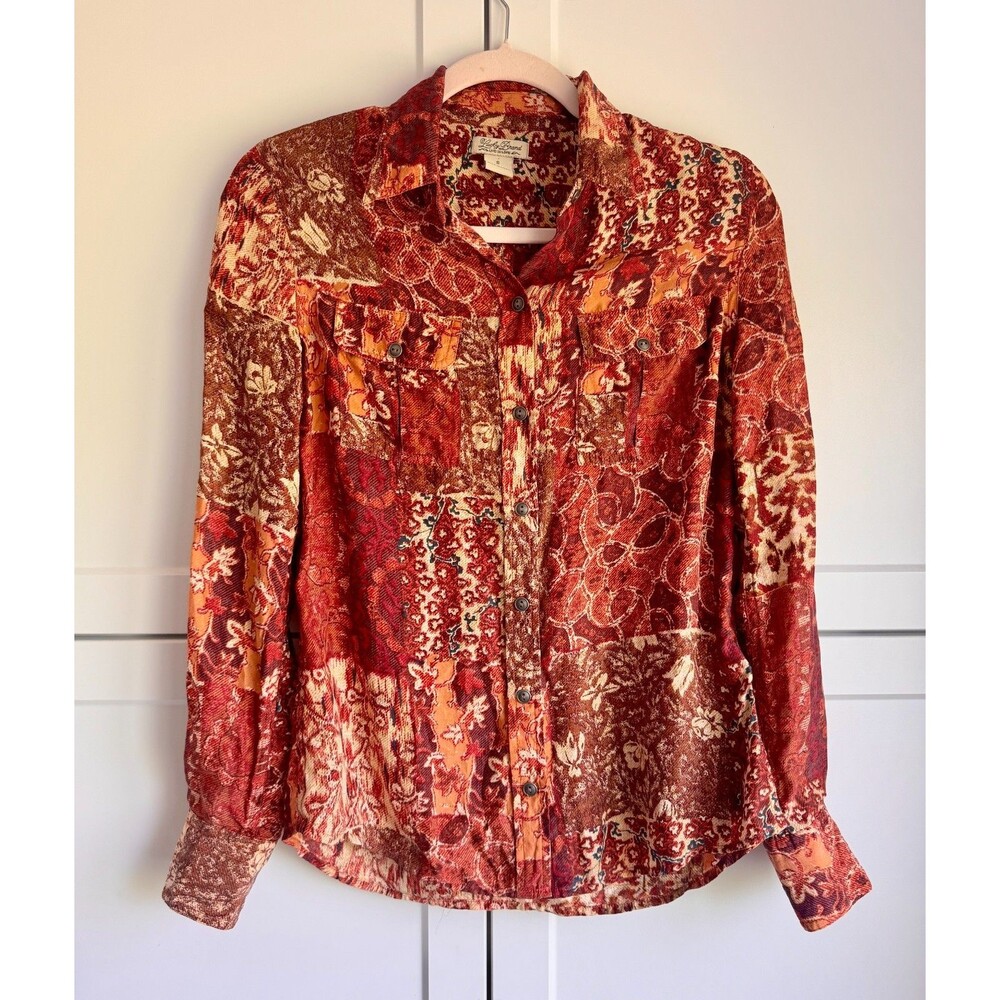 Lucky Brand 100% Silk Boho Patchwork Print Shirt Size S Long Sleeve Button Front